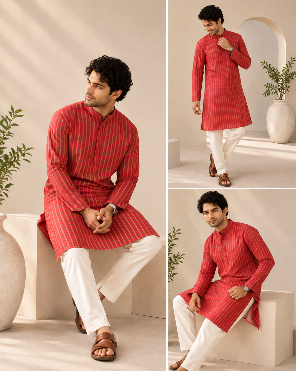 Red Striped Khadi Long Kurta